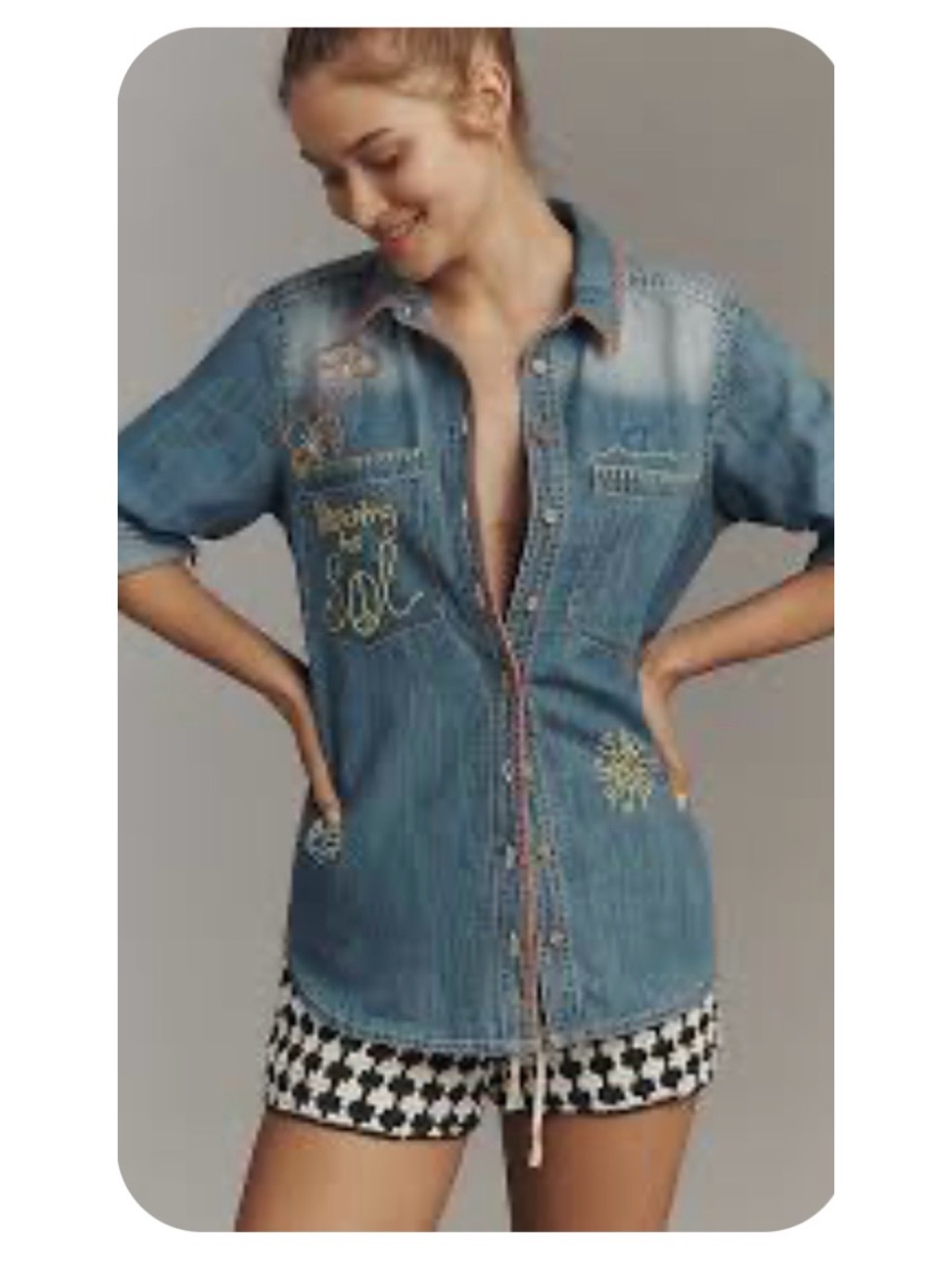 Anthropology Pilcro Long-Sleeve Embroidered Icon Denim Buttondown Shirt Size S